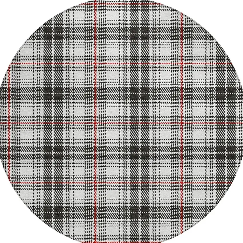 8' Black Ivory And Red Round Plaid Washable Indoor Outdoor Area Rug Photo 5