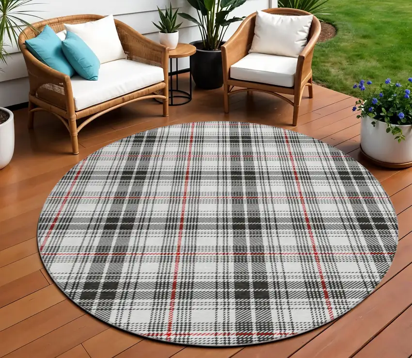 8' Black Ivory And Red Round Plaid Washable Indoor Outdoor Area Rug Photo 1