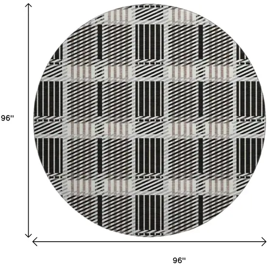 8' Black Ivory And Taupe Plaid Washable Round Rug With UV Protection Photo 9