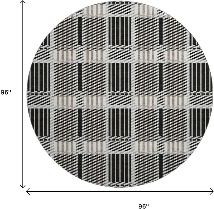 8' Black Ivory And Taupe Plaid Washable Round Rug With UV Protection Photo 9