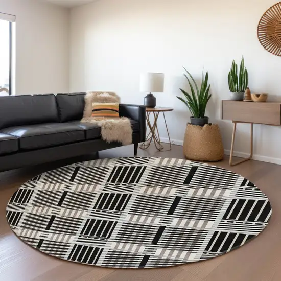 8' Black Ivory And Taupe Plaid Washable Round Rug With UV Protection Photo 4