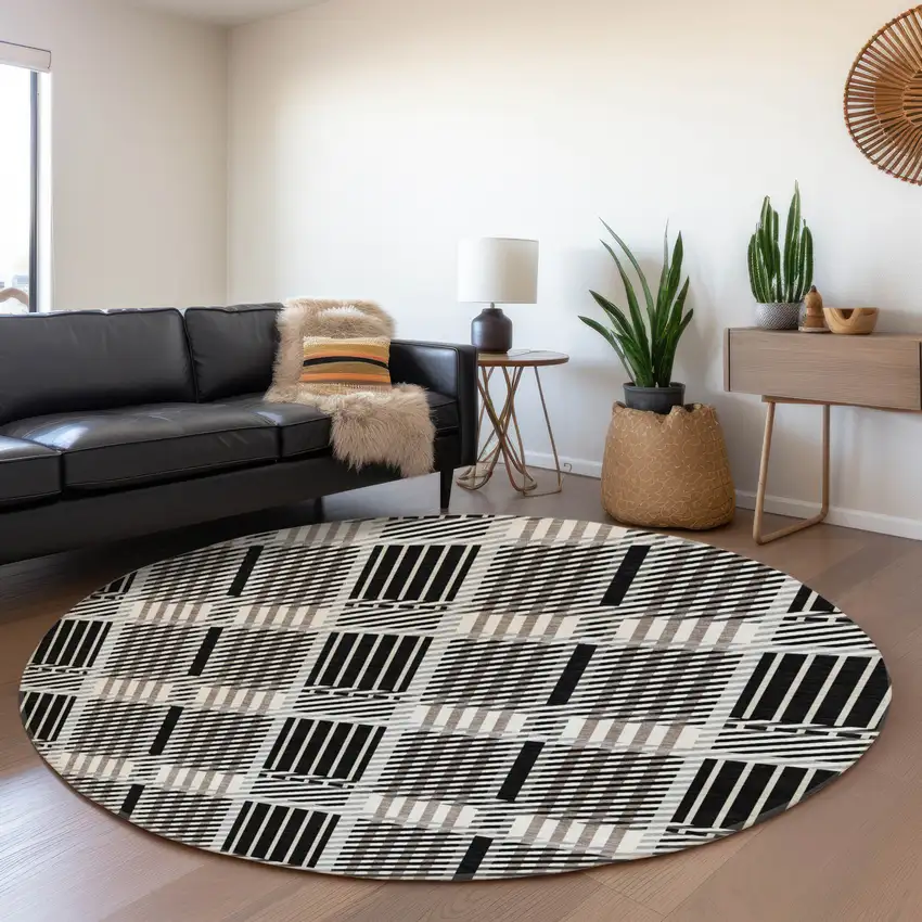 8' Black Ivory And Taupe Plaid Washable Round Rug With UV Protection Photo 4