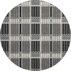Photo of 8' Black Ivory And Taupe Plaid Washable Round Rug With UV Protection