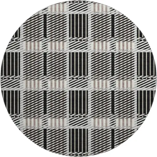 8' Black Ivory And Taupe Plaid Washable Round Rug With UV Protection Photo 1
