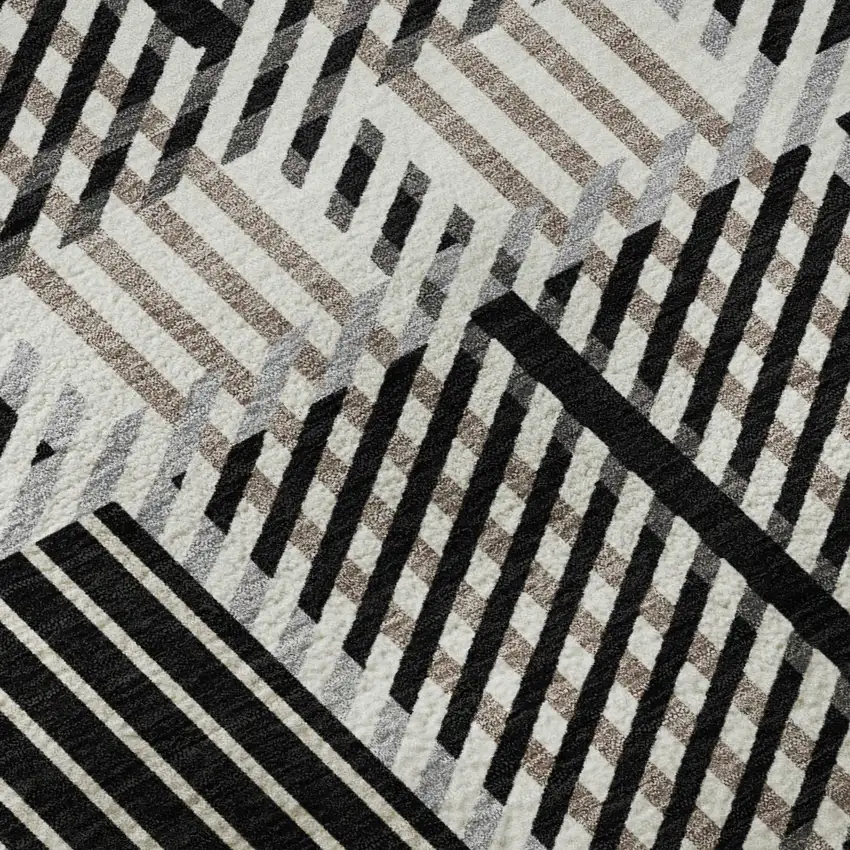 8' Black Ivory And Taupe Plaid Washable Round Rug With UV Protection Photo 8