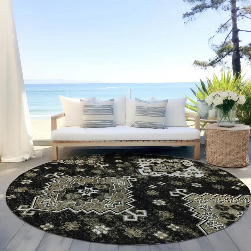8' Black Ivory And Taupe Round Medallion Washable Indoor Outdoor Area Rug Photo 7