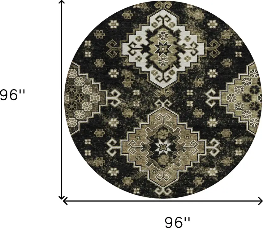 8' Black Ivory And Taupe Round Medallion Washable Indoor Outdoor Area Rug Photo 3