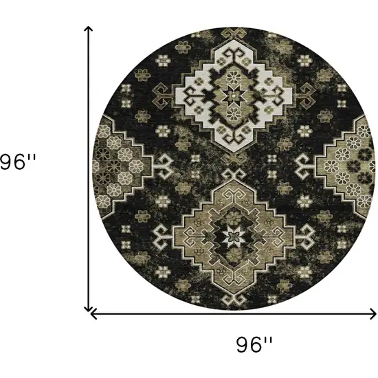 8' Black Ivory And Taupe Round Medallion Washable Indoor Outdoor Area Rug Photo 3
