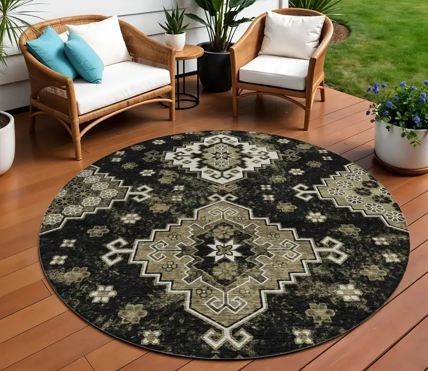8' Black Ivory And Taupe Round Medallion Washable Indoor Outdoor Area Rug Photo 1