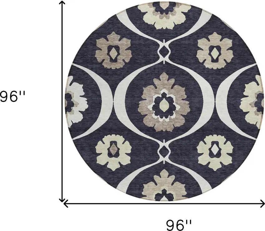8' Black Ivory And Taupe Round Medallion Washable Indoor Outdoor Area Rug Photo 3