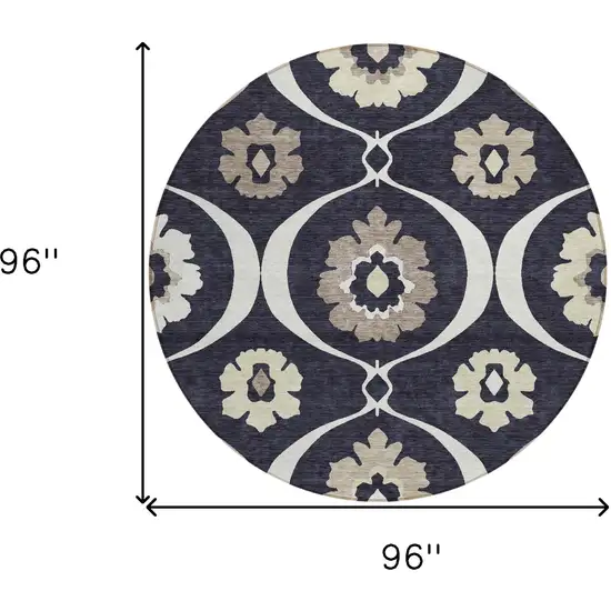 8' Black Ivory And Taupe Round Medallion Washable Indoor Outdoor Area Rug Photo 3