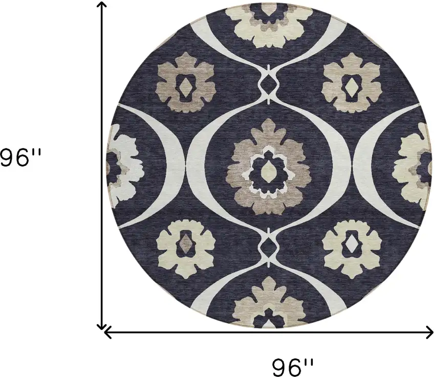 8' Black Ivory And Taupe Round Medallion Washable Indoor Outdoor Area Rug Photo 3