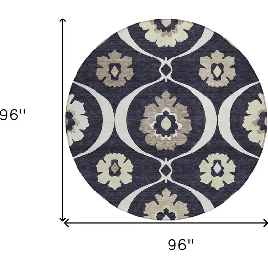 8' Black Ivory And Taupe Round Medallion Washable Indoor Outdoor Area Rug Photo 3