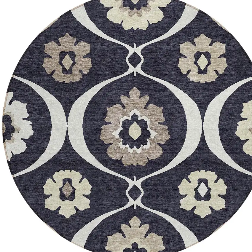 8' Black Ivory And Taupe Round Medallion Washable Indoor Outdoor Area Rug Photo 6