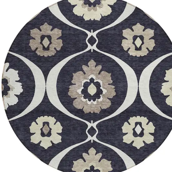 8' Black Ivory And Taupe Round Medallion Washable Indoor Outdoor Area Rug Photo 6