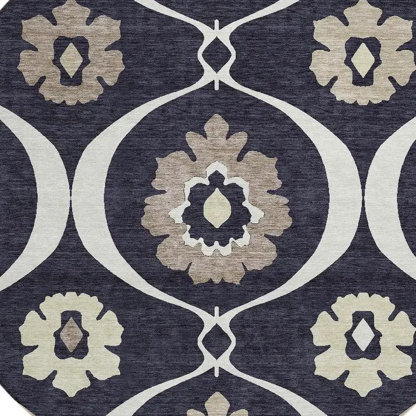 8' Black Ivory And Taupe Round Medallion Washable Indoor Outdoor Area Rug Photo 4