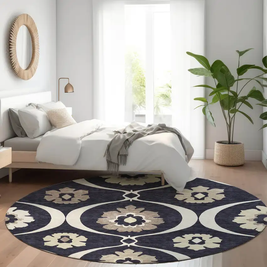 8' Black Ivory And Taupe Round Medallion Washable Indoor Outdoor Area Rug Photo 8