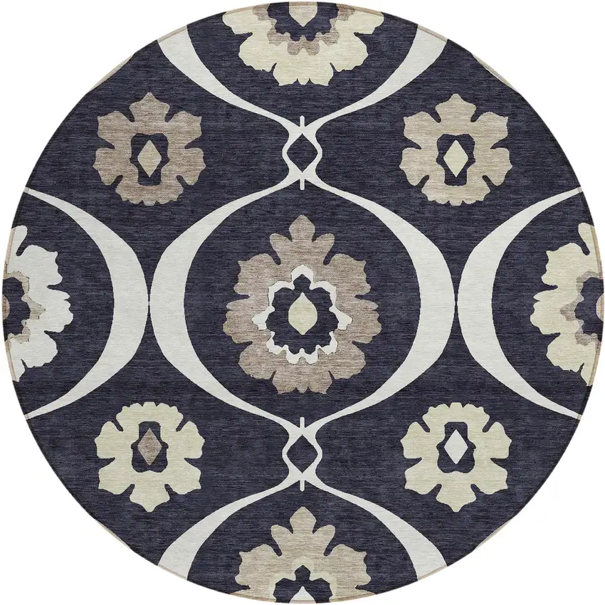 8' Black Ivory And Taupe Round Medallion Washable Indoor Outdoor Area Rug Photo 2