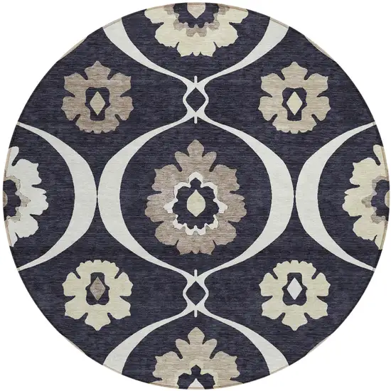 8' Black Ivory And Taupe Round Medallion Washable Indoor Outdoor Area Rug Photo 2