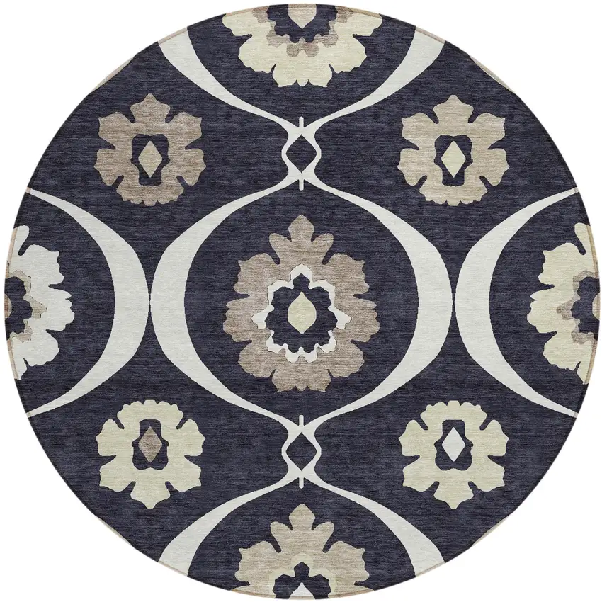 8' Black Ivory And Taupe Round Medallion Washable Indoor Outdoor Area Rug Photo 2