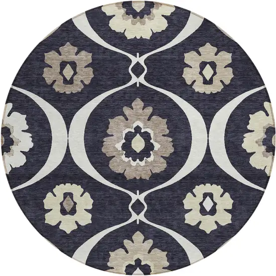 8' Black Ivory And Taupe Round Medallion Washable Indoor Outdoor Area Rug Photo 2