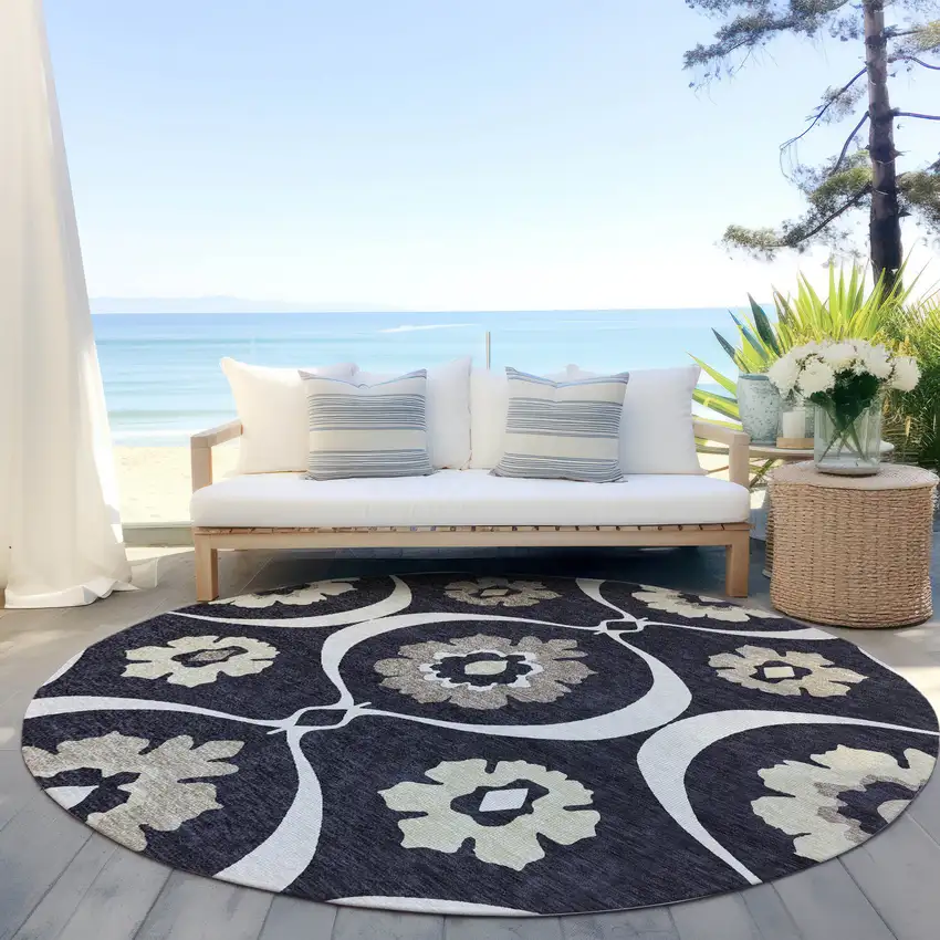 8' Black Ivory And Taupe Round Medallion Washable Indoor Outdoor Area Rug Photo 7