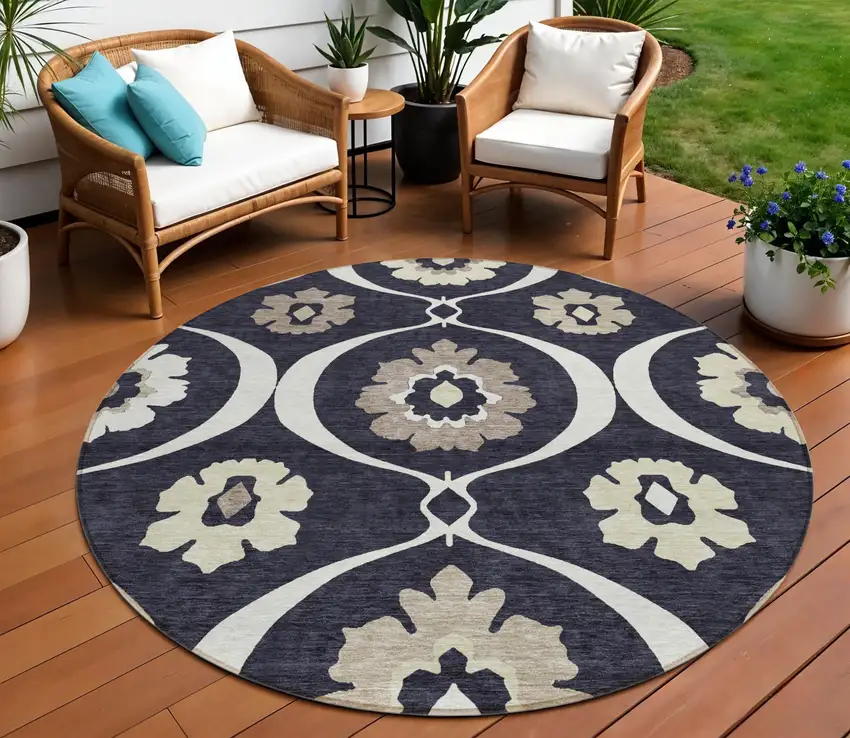 8' Black Ivory And Taupe Round Medallion Washable Indoor Outdoor Area Rug Photo 1