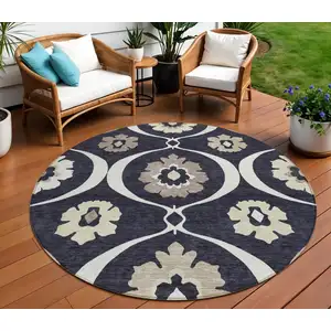 Photo of 8' Black Ivory And Taupe Round Medallion Washable Indoor Outdoor Area Rug