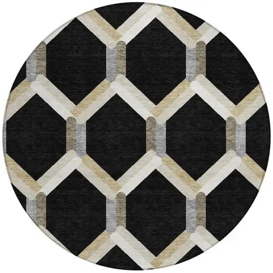 8' Black Ivory And Wheat Round Geometric Washable Indoor Outdoor Area Rug Photo 4