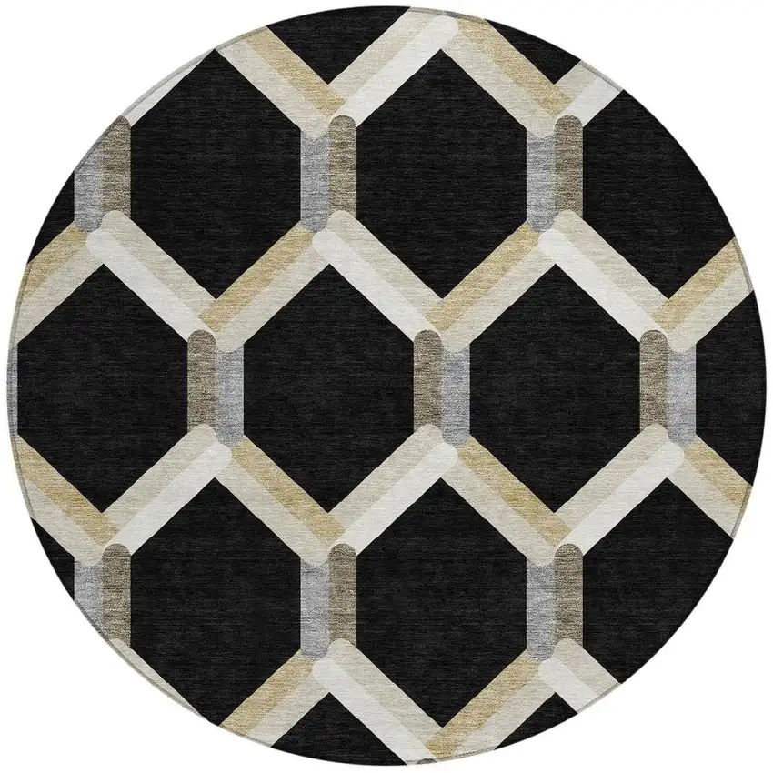 8' Black Ivory And Wheat Round Geometric Washable Indoor Outdoor Area Rug Photo 4