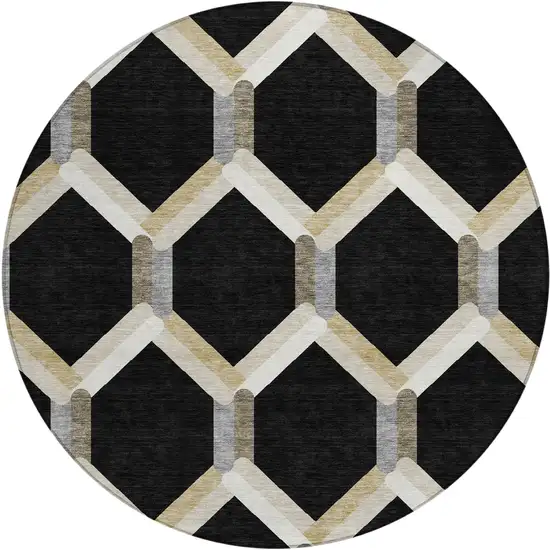 8' Black Ivory And Wheat Round Geometric Washable Indoor Outdoor Area Rug Photo 2