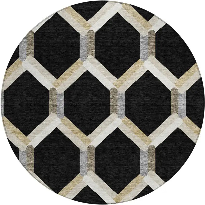 8' Black Ivory And Wheat Round Geometric Washable Indoor Outdoor Area Rug Photo 2