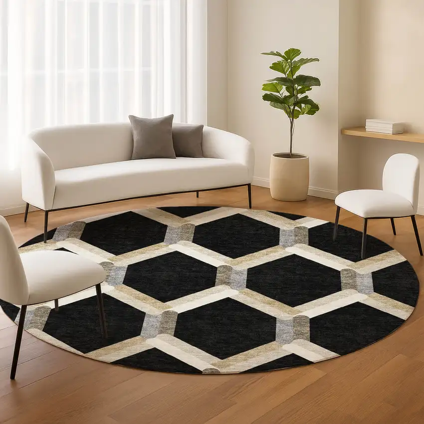 8' Black Ivory And Wheat Round Geometric Washable Indoor Outdoor Area Rug Photo 9