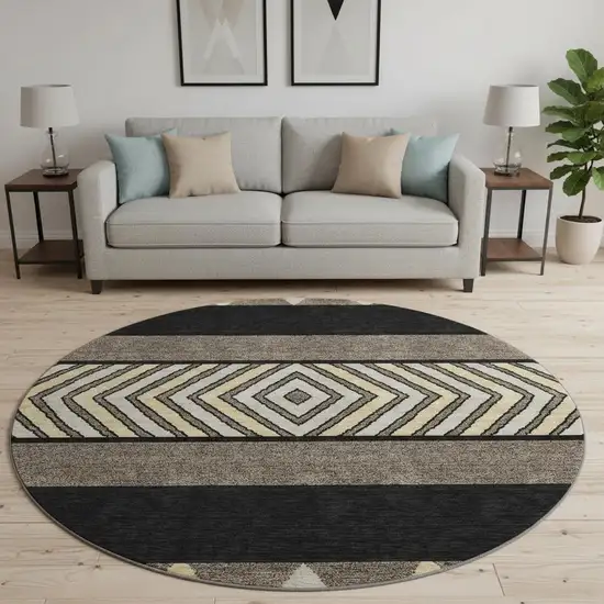8' Black Ivory And Wheat Southwestern Washable Round Rug With UV Protection Photo 2