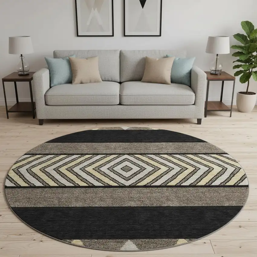 8' Black Ivory And Wheat Southwestern Washable Round Rug With UV Protection Photo 2