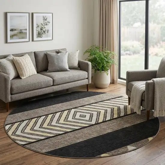 8' Black Ivory And Wheat Southwestern Washable Round Rug With UV Protection Photo 1
