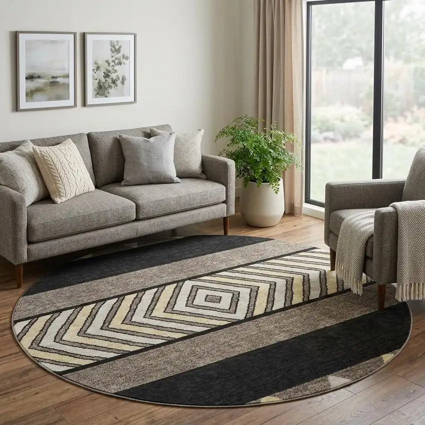 8' Black Ivory And Wheat Southwestern Washable Round Rug With UV Protection Photo 1