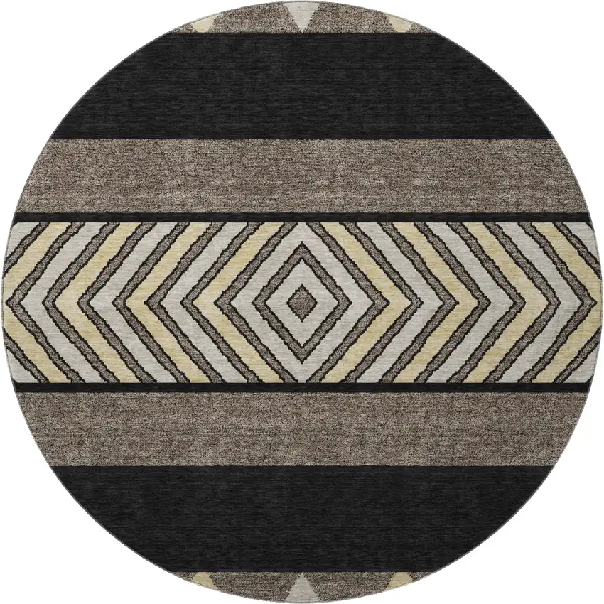 8' Black Ivory And Wheat Southwestern Washable Round Rug With UV Protection Photo 4