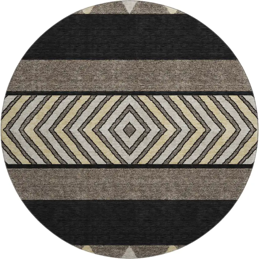 8' Black Ivory And Wheat Southwestern Washable Round Rug With UV Protection Photo 1