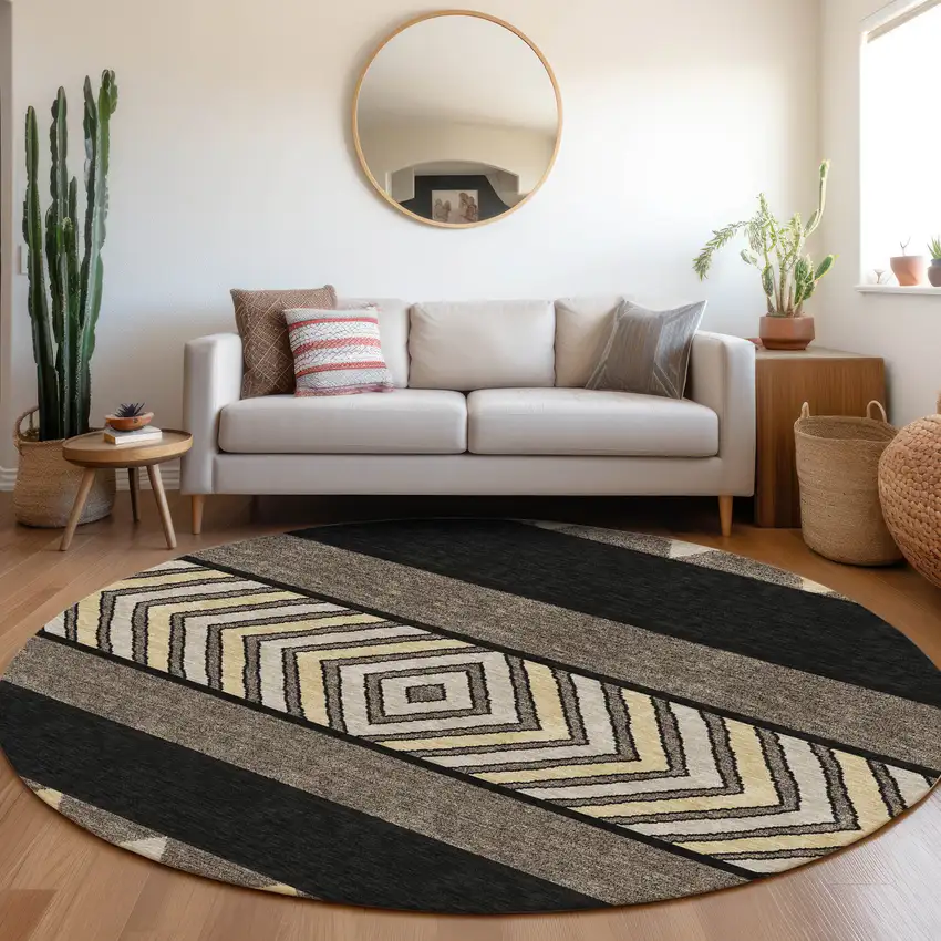 8' Black Ivory And Wheat Southwestern Washable Round Rug With UV Protection Photo 4