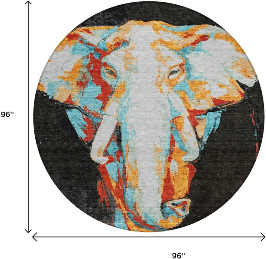 8' Black Ivory Orange And Red Round Elephant Washable Indoor Outdoor Area Rug Photo 3