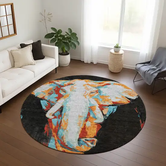 8' Black Ivory Orange And Red Round Elephant Washable Indoor Outdoor Area Rug Photo 9