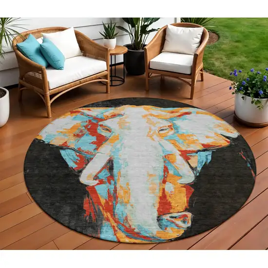 8' Black Ivory Orange And Red Round Elephant Washable Indoor Outdoor Area Rug Photo 1