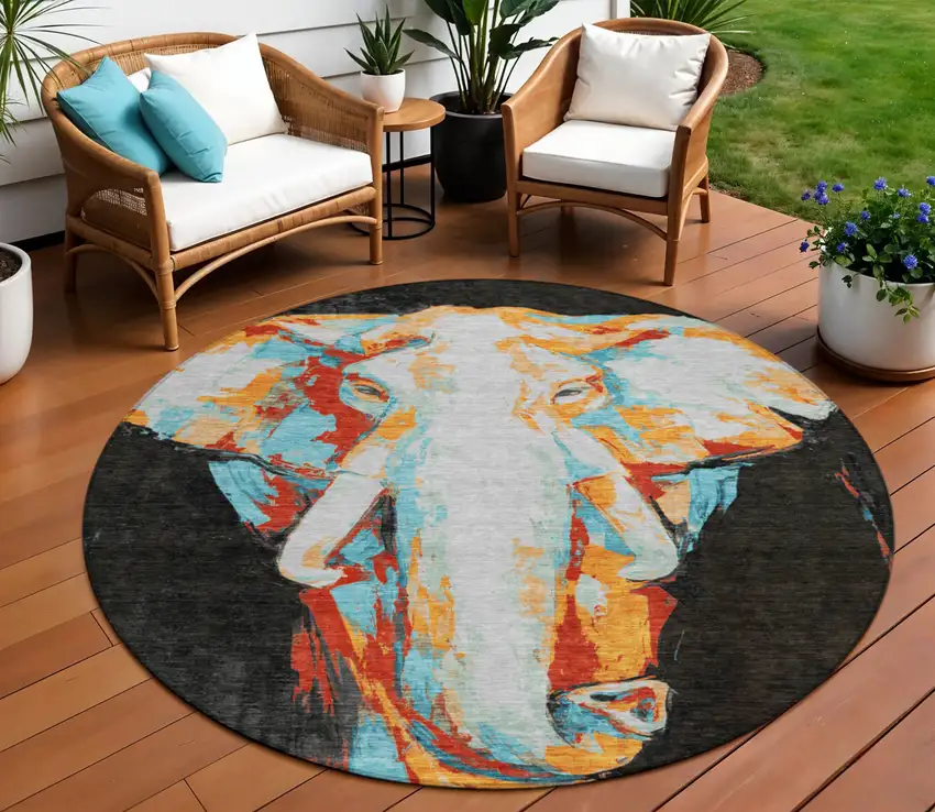 8' Black Ivory Orange And Red Round Elephant Washable Indoor Outdoor Area Rug Photo 1
