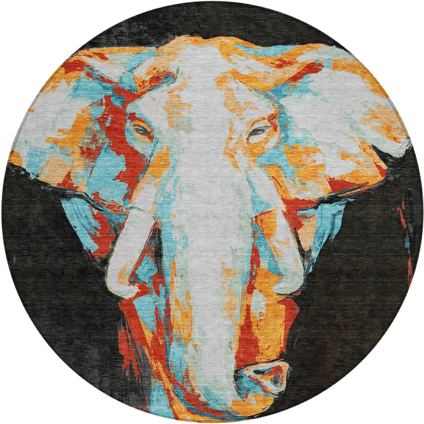 8' Black Ivory Orange And Red Round Elephant Washable Indoor Outdoor Area Rug Photo 2