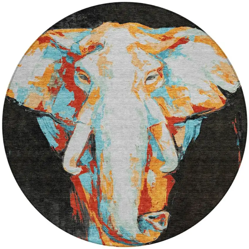 8' Black Ivory Orange And Red Round Elephant Washable Indoor Outdoor Area Rug Photo 5