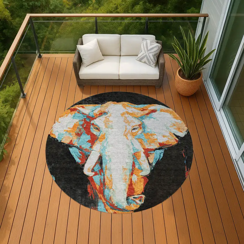 8' Black Ivory Orange And Red Round Elephant Washable Indoor Outdoor Area Rug Photo 8