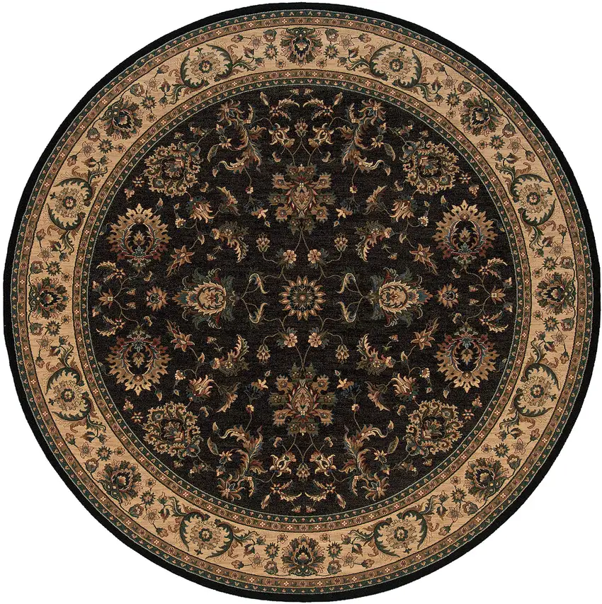 6' Black Ivory and Brown Oriental Round Rug Photo 2