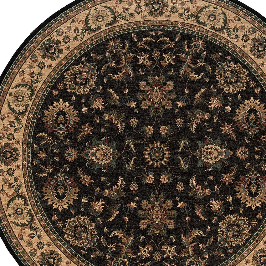 6' Black Ivory and Brown Oriental Round Rug Photo 4