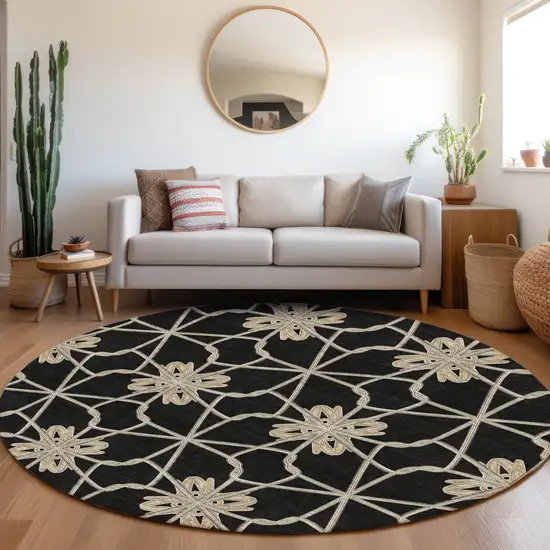 8' Black Khaki And Beige Geometric Washable Round Rug With UV Protection Photo 4